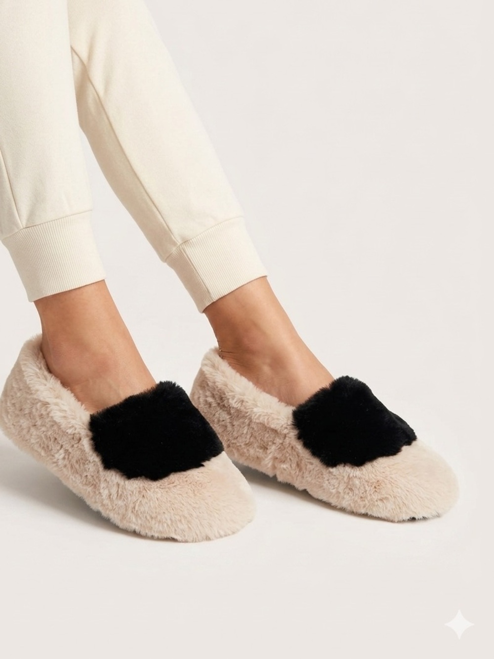 VHNY Cream Faux Fur Slippers with Black Heart Accent